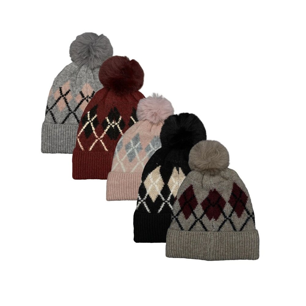 3. Wool Blend Argyle Fleece Pom Pom Beanie | Cozy Winter Hat NWT - OS